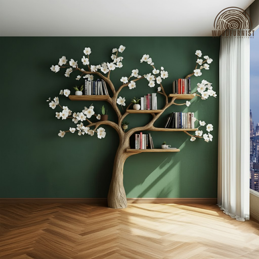 Handcrafted Blossom Tree Bookshelf Wall Shelf – Artistic Wooden Tree Bookcase for Living Room Decor WFNVA0193