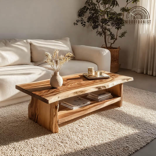 Live Edge Wooden Coffee Table – Natural Solid Wood Center Table for Modern Living Room WFNED0147