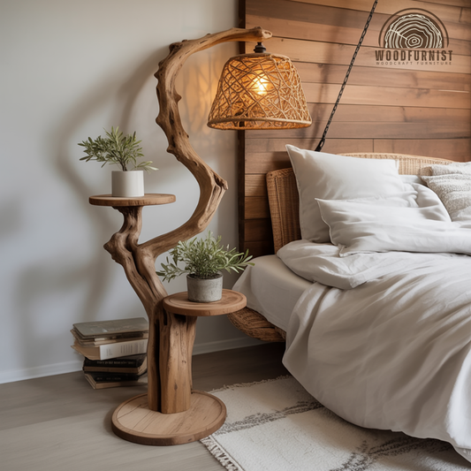 Solid Wood Floor Lamp with Shelves – Sculptural Lighting & Functional Display