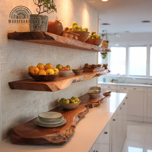 Live Edge Floating Wooden Shelf – Handmade Solid Wood Kitchen Wall Shelf WFNED0177