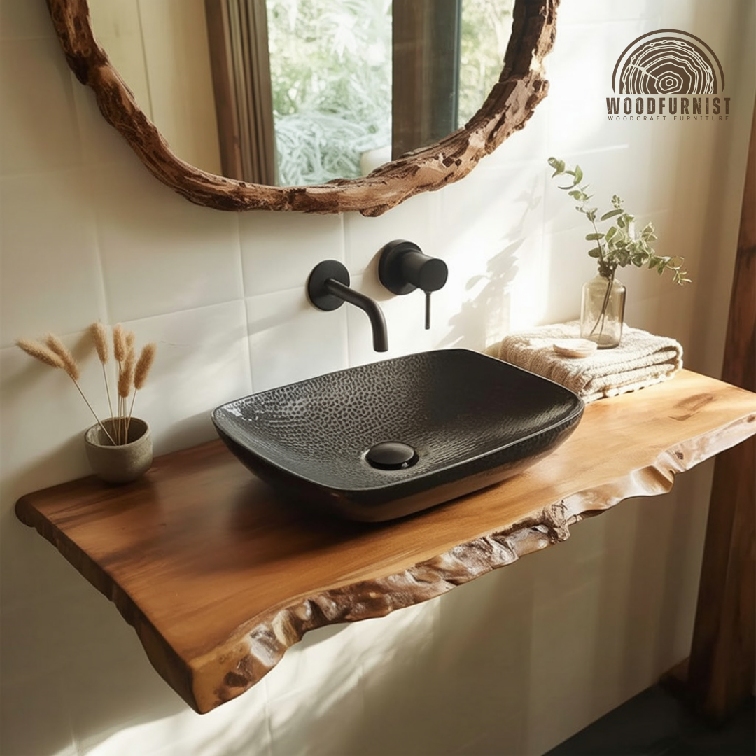 Minimalist Bathroom Vanity – Solid Wood Live Edge Floating Vanity for Small Bathrooms WFNED0179