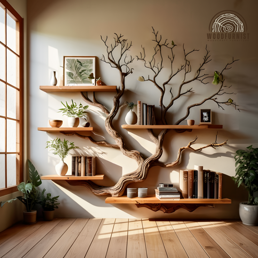 Branch Tree Bookshelf – Handmade Solid Wood Tree Shelf – Artistic Natural Wall Furniture WFNED0024