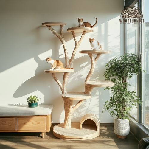 Natural Tree-Shaped Solid Wood Cat Tree – Elegant Cat Furniture