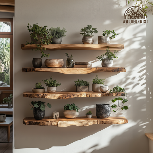 Solid Wood Live Edge Floating Shelves – Handmade Rustic Wall Display – Natural Home Interior Decor WFNED0106