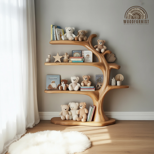 Solid Wood Tree Bookshelf – Minimalist Kids Display with Natural Warmth