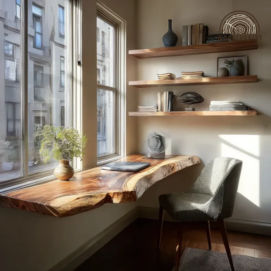 Live Edge Floating Wooden Desk – Wall Mounted Solid Wood Workspace for Home Office WFNED0133