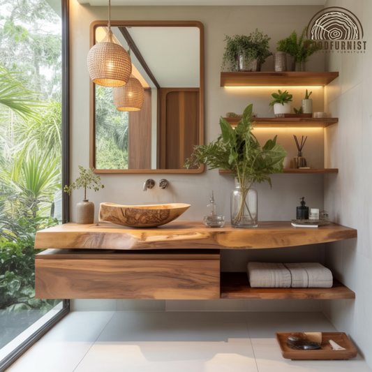 Floating Bathroom Vanity with Storage – Solid Wood Wall Mounted Vanity with Drawer & Shelf
