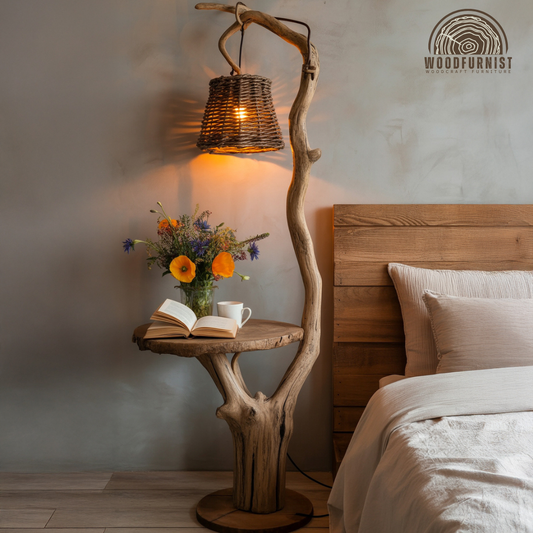 Rustic Solid Wood Floor Lamp Table – Sculptural Tree Lamp for Bedroom & Living Room