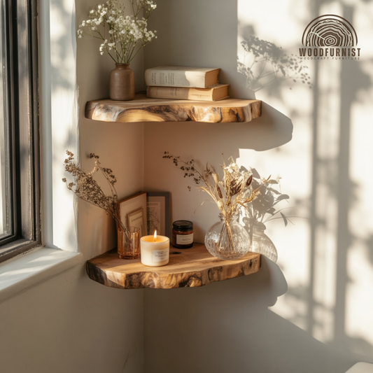 Rustic Corner Floating Shelves - Live Edge Solid Wood Wall Shelves for Living Room or Office WFNED0023