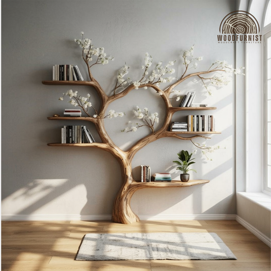 Standing Tree Bookshelf – Handmade Wooden Tree Bookcase with Blossom Branch Shelves WFNED0170