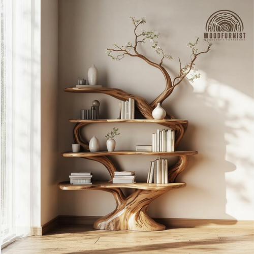 Standing Tree Bookshelf – Handmade Wooden Tree Bookcase with Branch Shelves WFNED0171