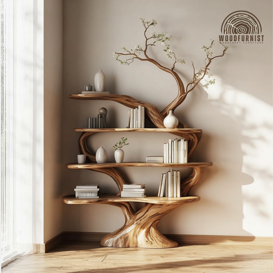 Standing Tree Bookshelf – Handmade Wooden Tree Bookcase with Branch Shelves WFNED0171