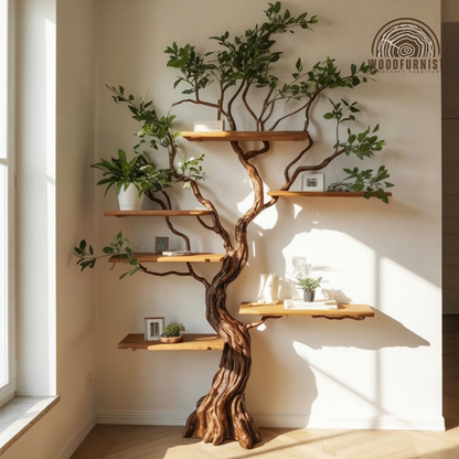 Natural Wood Standing Tree Bookshelf – Unique Branch Bookshelf for Living Room Storage WFNED0152