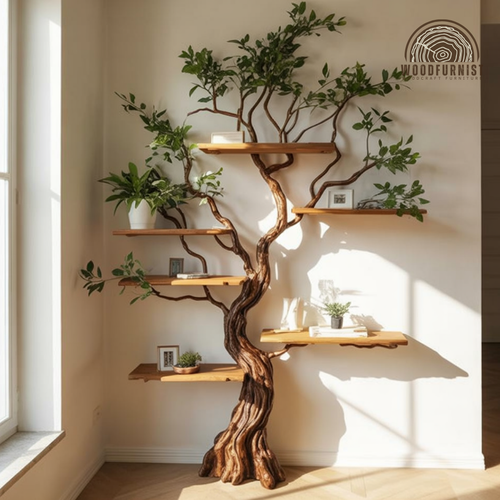 Natural Wood Standing Tree Bookshelf – Unique Branch Bookshelf for Living Room Storage WFNED0152