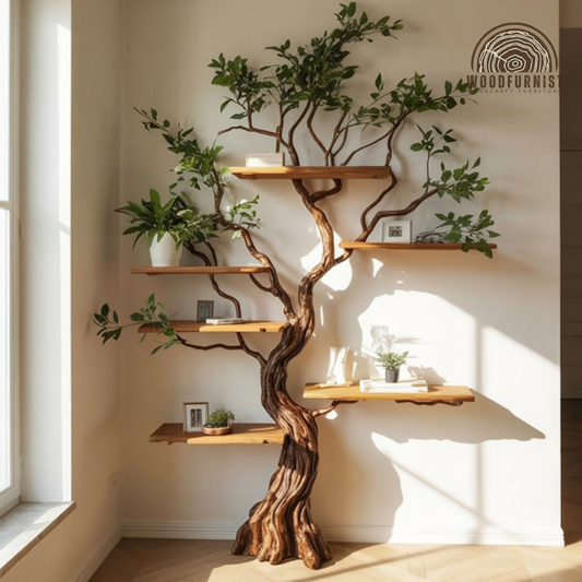 Natural Wood Standing Tree Bookshelf – Unique Branch Bookshelf for Living Room Storage WFNED0152
