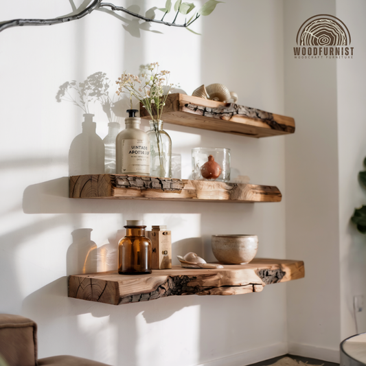 Live Edge Floating Shelves – Handmade Solid Wood Wall Shelves – Rustic Natural Home Decor WFNED0108