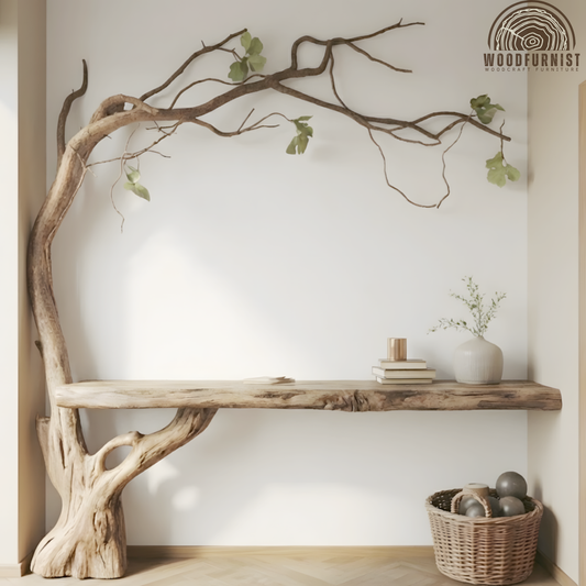 Organic Tree Console Table – Handcrafted Solid Wood Live Edge Wall Shelf