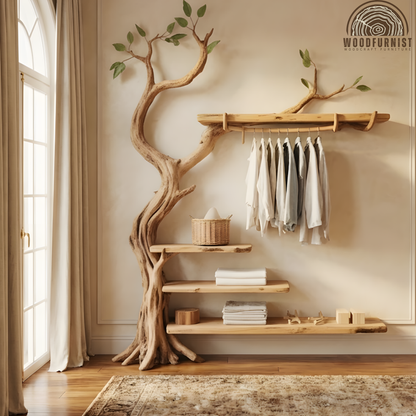 Handcrafted Sculptural Tree Hanger – Solid Wood Multifunctional Coat Rack & Organizer