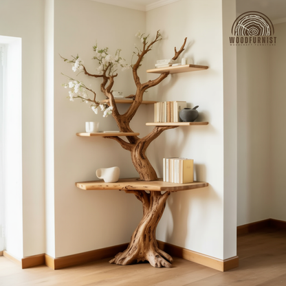 Sculptural Tree Live Edge Solid Wood Corner Shelf – Organic Modern Corner Bookshelf