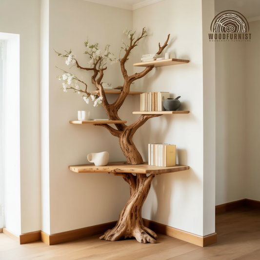 Sculptural Tree Live Edge Solid Wood Corner Shelf – Organic Modern Corner Bookshelf