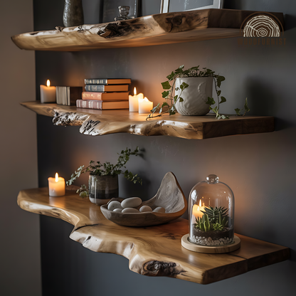 Live Edge Floating Wooden Shelf – Rustic Natural Wood Wall Shelf for Home Décor WFNED0146