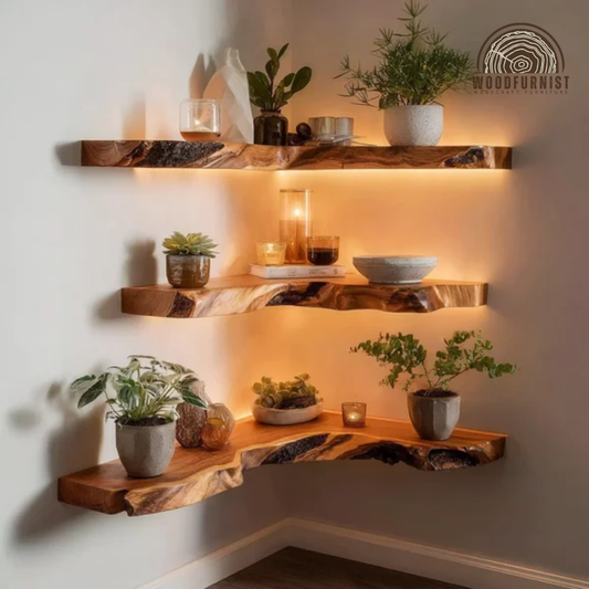 Corner Floating Wooden Shelf with LED – Live Edge Solid Wood Wall Shelf WFNED0132