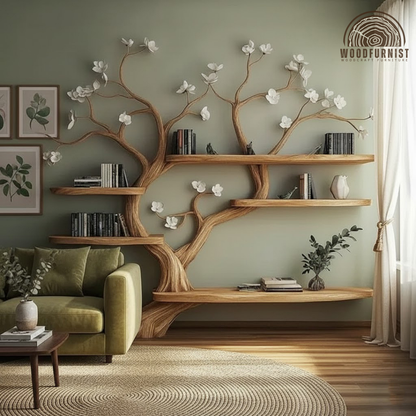 Organic Handcrafted Wooden Tree Bookshelf Wall Shelf – Blossom Branch Bookcase WFNVA0195