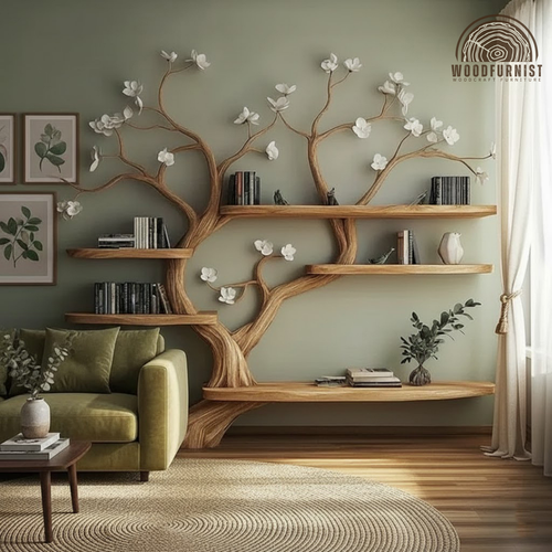 Organic Handcrafted Wooden Tree Bookshelf Wall Shelf – Blossom Branch Bookcase WFNVA0195