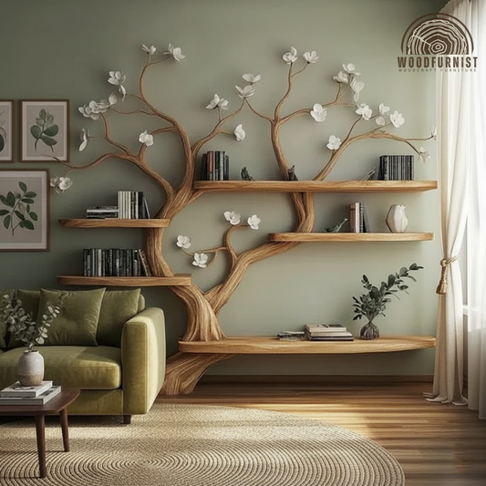 Organic Handcrafted Wooden Tree Bookshelf Wall Shelf – Blossom Branch Bookcase WFNVA0195