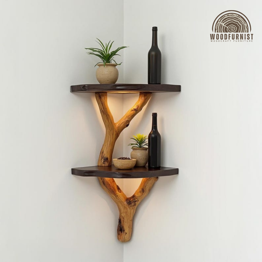 Corner Floating Shelf with LED – Handmade Branch Wood Wall Shelf – Rustic Modern Home Decor by Woodfurnist WFNED0114
