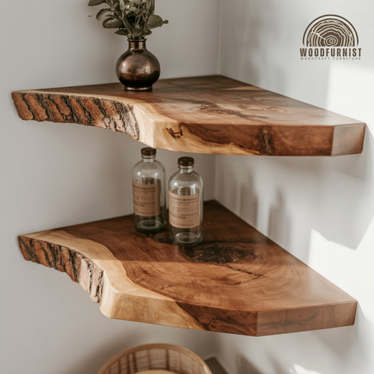 Handcrafted Rustic Corner Floating Wooden Shelf | Natural Live Edge Wall Shelf for Home Decor WFNED0105