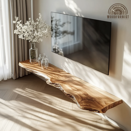 Live Edge Solid Wood Floating TV Stand– Organic Modern Masterpiece