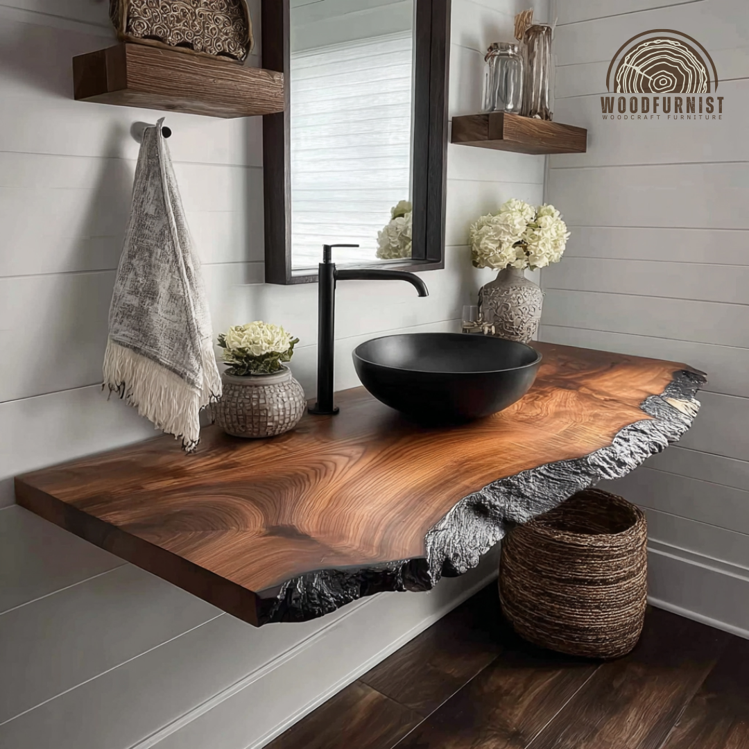 Floating Solid Wood Bathroom Vanity – Live Edge Vanity Top with Organic Modern Design WFNED0167
