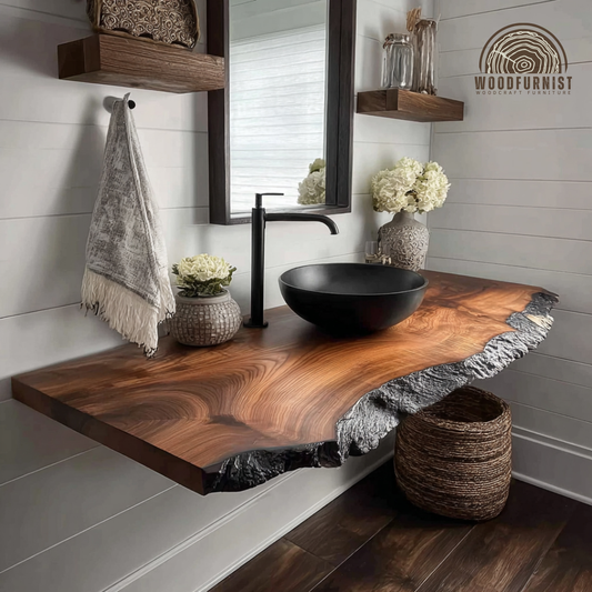 Floating Solid Wood Bathroom Vanity – Live Edge Vanity Top with Organic Modern Design WFNED0167
