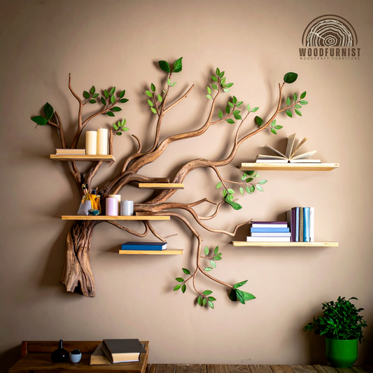 Tree Shaped Wall Bookshelf – Handmade Wooden Branch Shelf with Green Leaves – Rustic Modern Decor WFNED0111