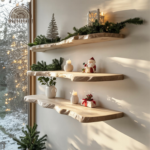 Rustic Floating Wood Shelf – Natural Live Edge Wall Mounted Shelf for Christmas & Everyday Decor WFNED0176