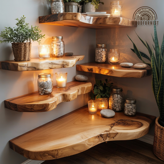Corner Floating Wooden Shelf for Plants & Candles – Natural Solid Wood WFNED0136