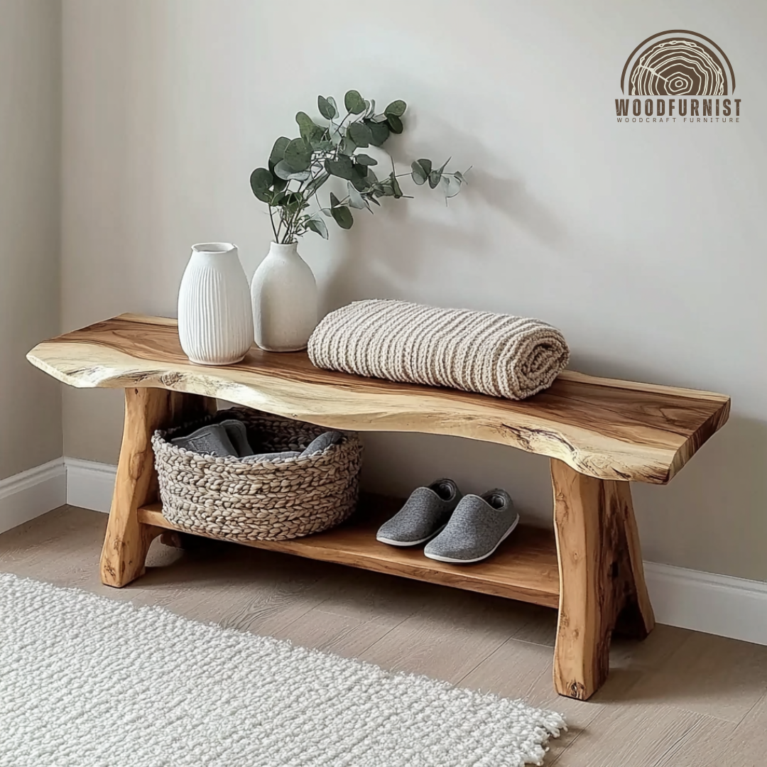 Live Edge Solid Wood Bench – Minimalist Natural Seating with Functional Storage