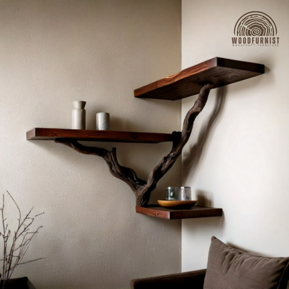 CORNER DRIFTWOOD BOOKSHELF – Handmade Solid Wood Wall Shelf – Rustic Natural Home Decor by Woodfurnist WFNED0126