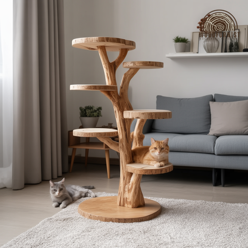 Solid Wood Cat Tree – Sculptural Climbing Tower with Natural Comfort
