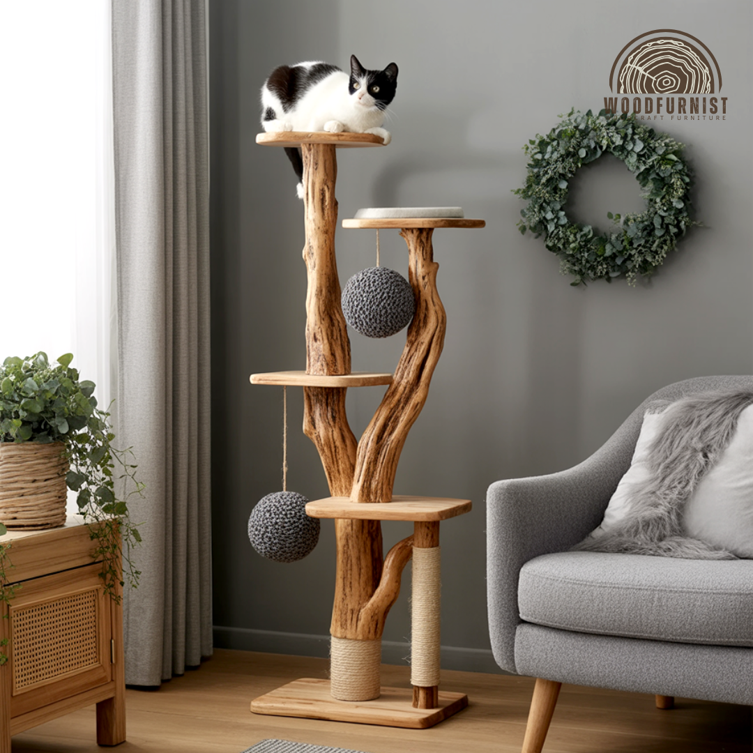Artistic Live Edge Solid Wood Cat Tree – Elegant Cat Furniture