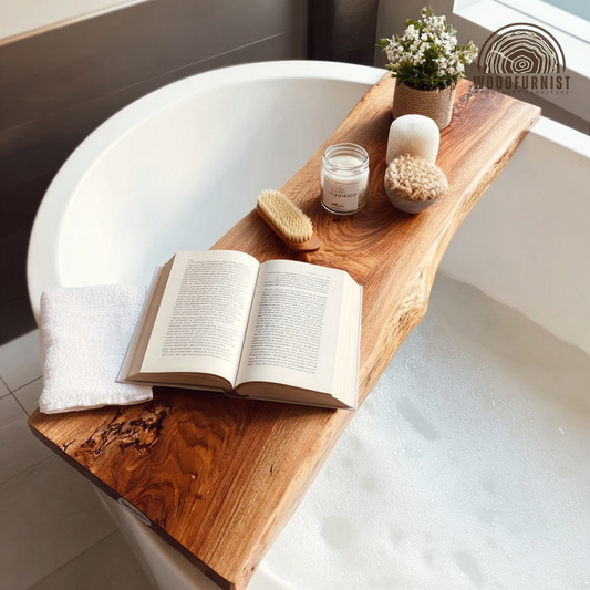 Live Edge Wooden Bathtub Tray – Solid Wood Bath Caddy for Book, Candle & Relaxing Home Spa WFNVA0191