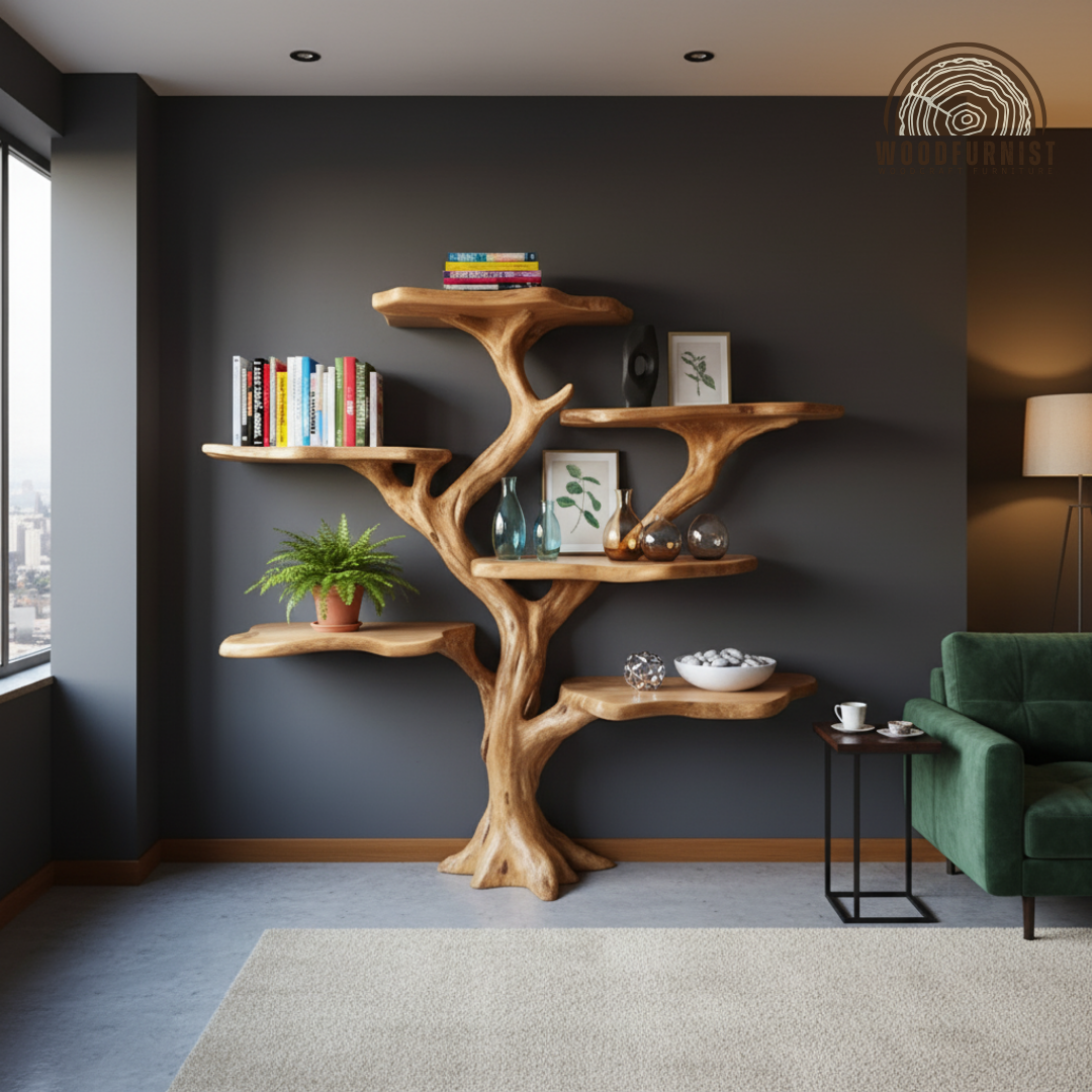 Tree Bookshelf – Handmade Wooden Tree Shelf, Nature-Inspired Branch Bookcase, Unique Wood Furniture by Woodfurnist WFNED0135