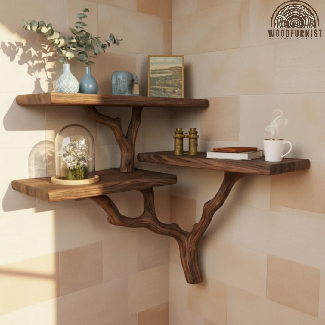 Corner Tree Branch Live Edge Solid Wood Shelf – Sculptural Corner Wall Shelf