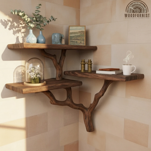 Corner Tree Branch Live Edge Solid Wood Shelf – Sculptural Corner Wall Shelf