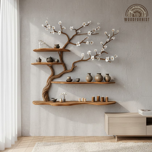 Blossom Tree Wall Shelf with Floral Branches – Handcrafted Wooden Shelf Art WFNVA0197