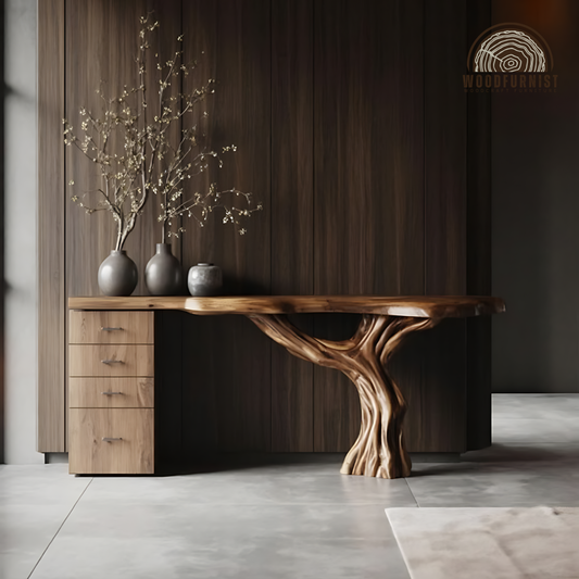 Live Edge Solid Wood Console Table – Natural Sculpted Base Entryway Furniture WFNED0178