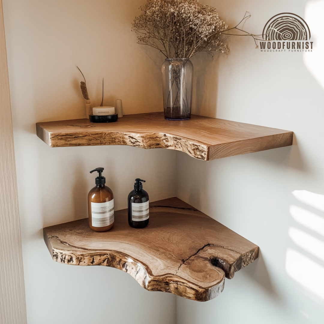 Rustic Live Edge Corner Floating Shelves, Handcrafted Solid Wood Wall Display for Home Décor WFNED0020