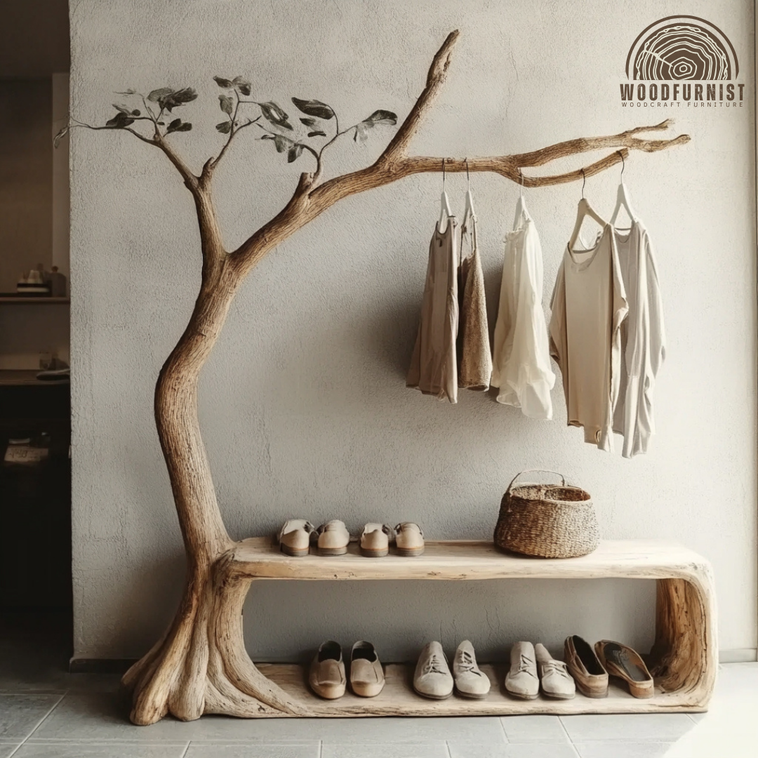 Handcrafted Tree Hanger With Bench Solid Wood Branch Clothing Rack For Entryway Bedroom