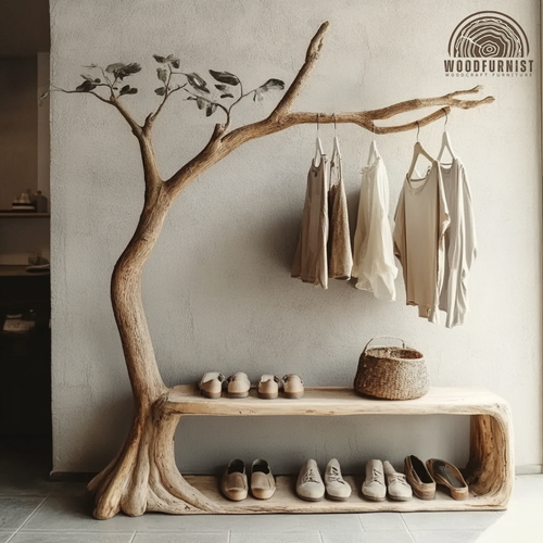 Handcrafted Tree Hanger With Bench Solid Wood Branch Clothing Rack For Entryway Bedroom